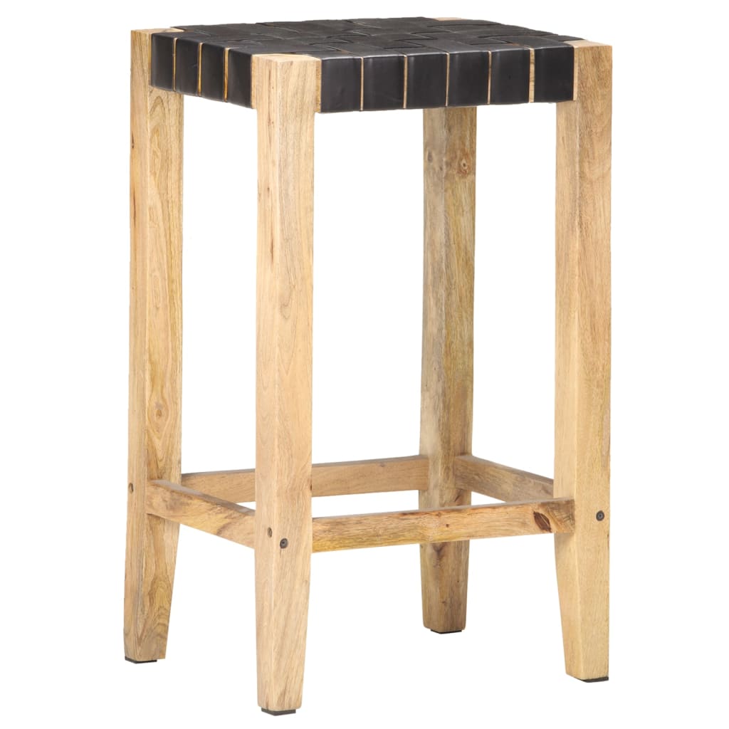 Bar Stools 2 Pieces Black | Real Leather Mango Wood | Hand Finished