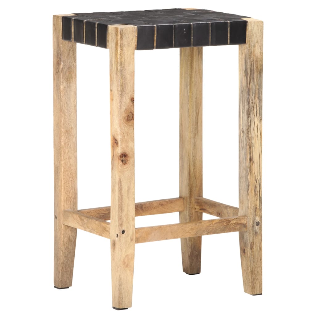 Bar Stools 2 Pieces Black | Real Leather Mango Wood | Hand Finished