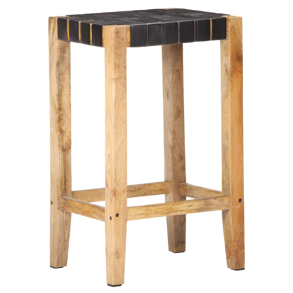 Bar Stools 2 Pieces Black | Real Leather Mango Wood | Hand Finished
