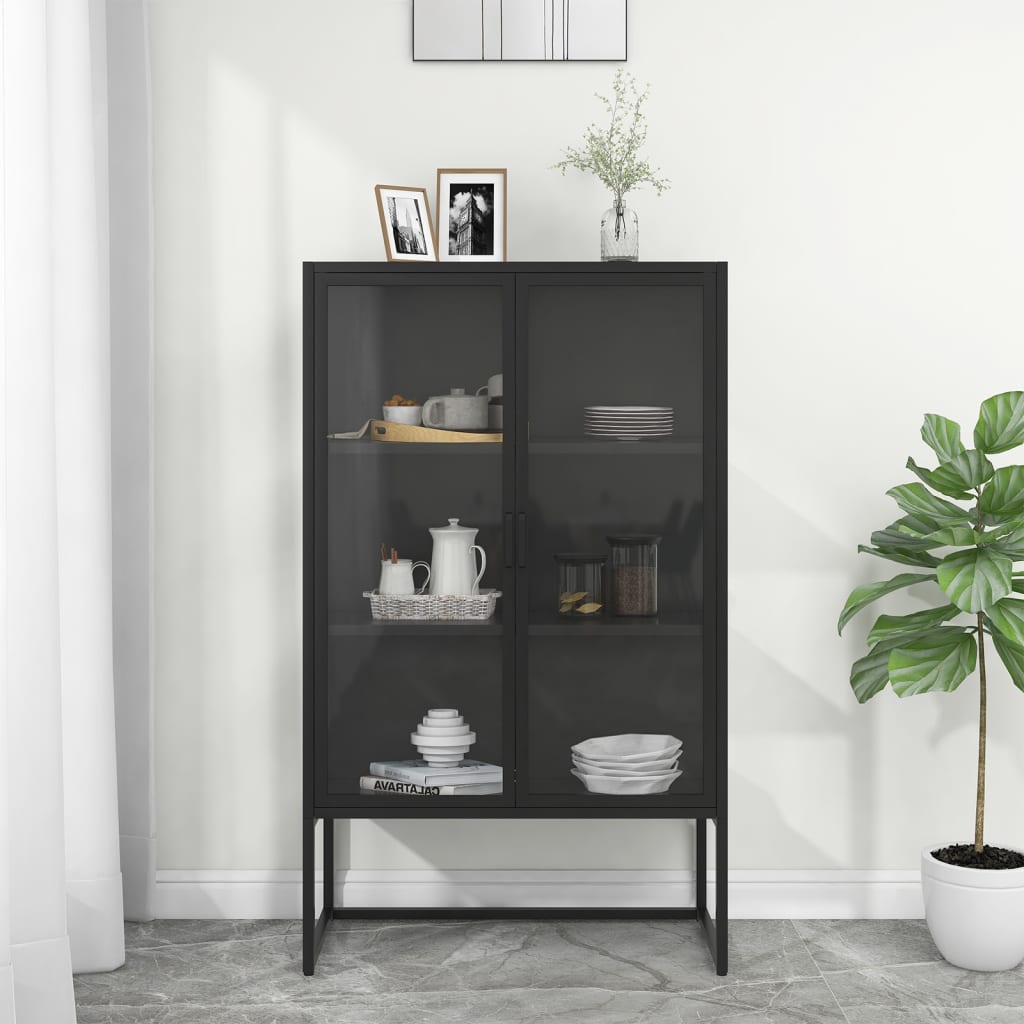 Highboard Storage Unit  | Black | Steel and Tempered Glass