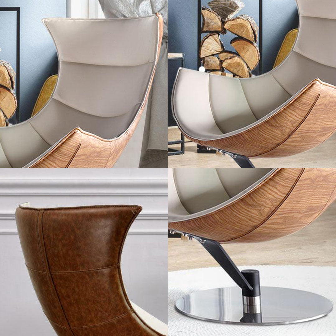 Lobster Swivel Lounge Chair with Ottoman in Cream Textured Real Leather