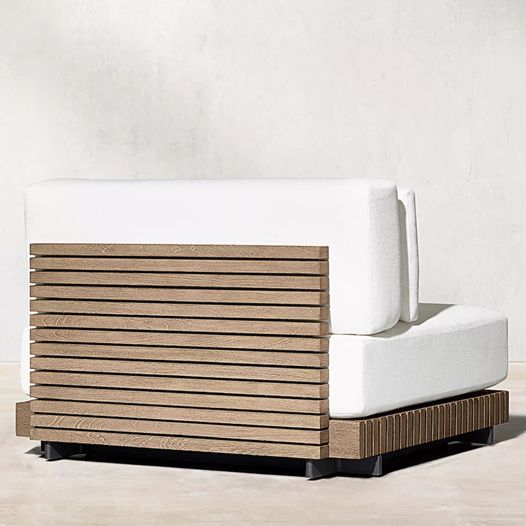 Modern outdoor sofa with wooden slat design on a neutral background  | Extraordinary Emporium UK