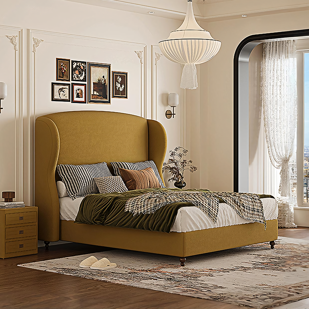 Amara Wingback High Headboard Double Bed in Mustard Yellow