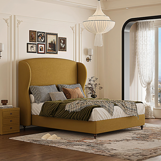 Amara Wingback High Headboard Double Bed in Mustard Yellow