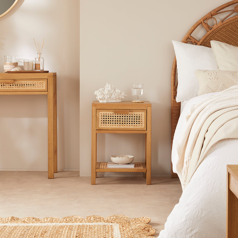 Bali Rattan Bedside Table with 1 Drawer | Solid Wood