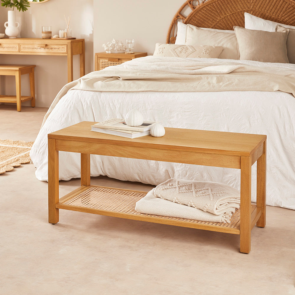 Bali Rattan Bench with Storage Shelf | Minimal Assembly