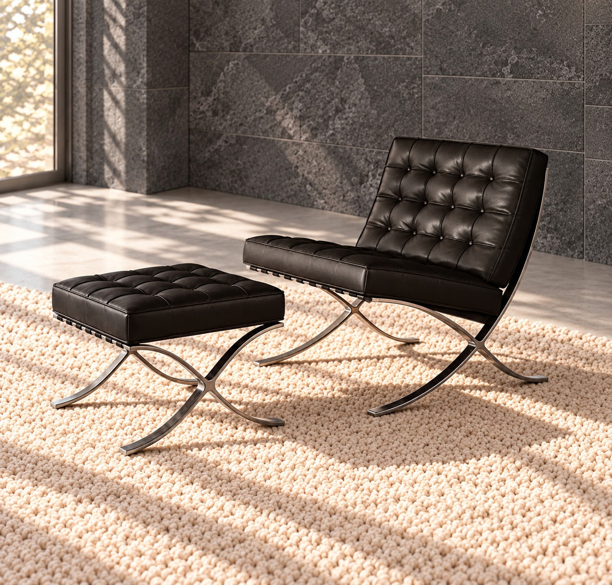 Barcelona Designer Chair & Ottoman Genuine Leather Iconic Style Tan Brown Black White