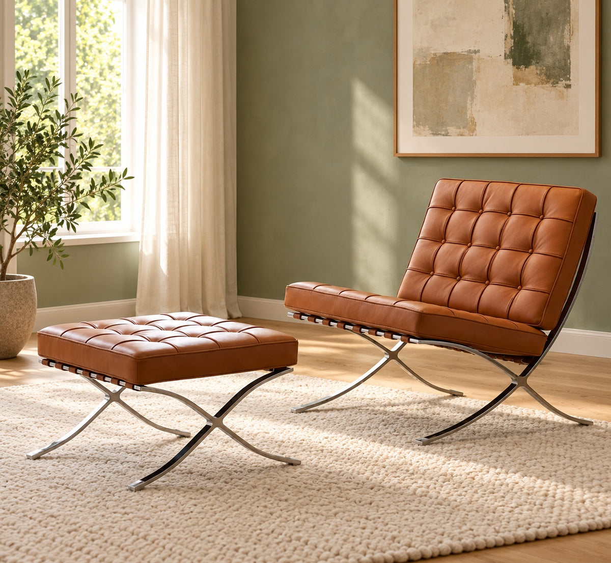 Barcelona Designer Chair & Ottoman Genuine Leather Iconic Style Tan Brown Black White
