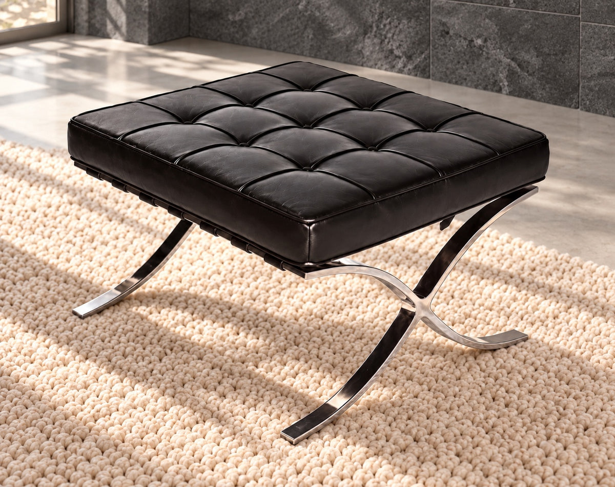Barcelona Designer Chair & Ottoman Genuine Leather Iconic Style Tan Brown Black White