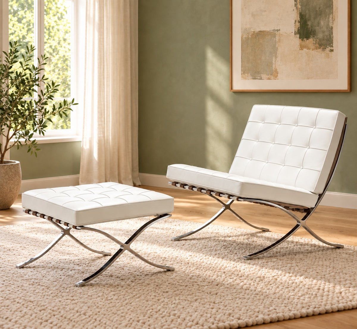 Barcelona Designer Chair & Ottoman Genuine Leather Iconic Style Tan Brown Black White