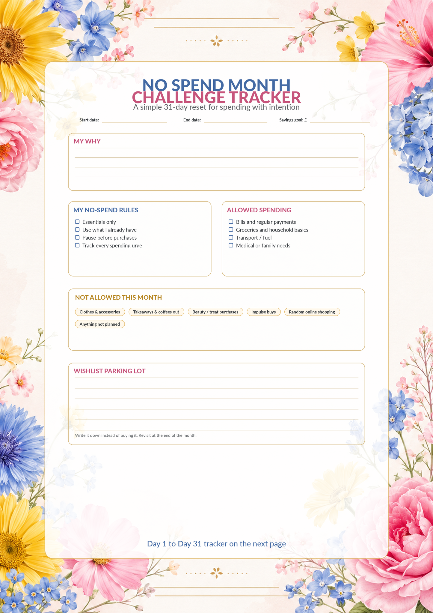 Floral No Spend Month Challenge Tracker Printable, Summer Budget Planner, 31 Day Money Saving Challenge PDF, Savings Tracker Download
