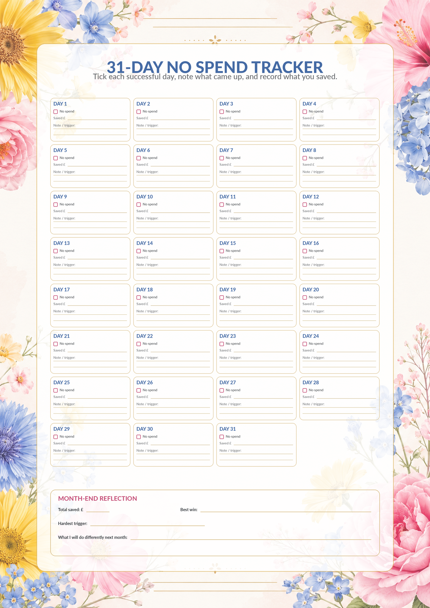 Floral No Spend Month Challenge Tracker Printable, Summer Budget Planner, 31 Day Money Saving Challenge PDF, Savings Tracker Download