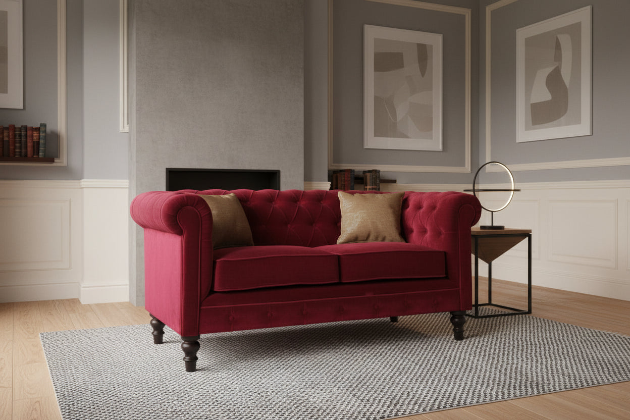 Red velvet sofa on a white background