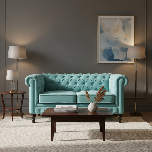 Aqua Green Velvet Chesterfield Sofa Made to Order | 2 Seater Cotton Velvet Sofa