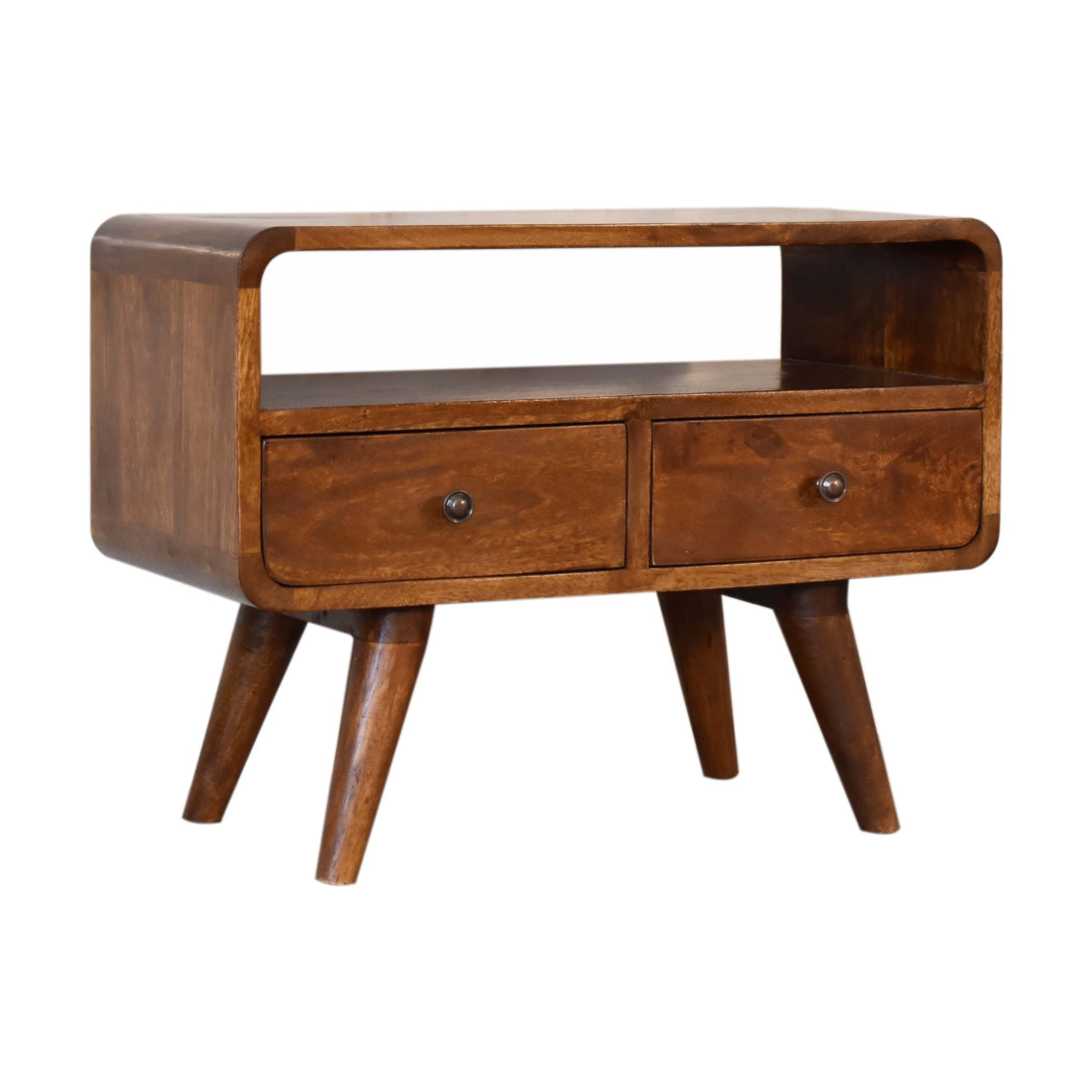 Mini Curved Media Unit | 2 Drawers | Chestnut Finish | Solid Wood
