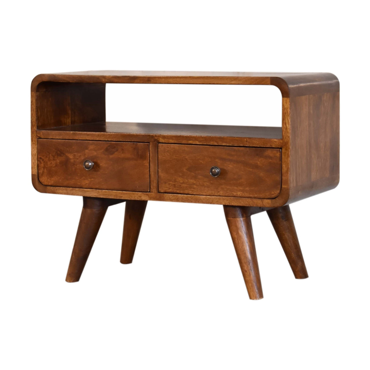 Mini Curved Media Unit | 2 Drawers | Chestnut Finish | Solid Wood