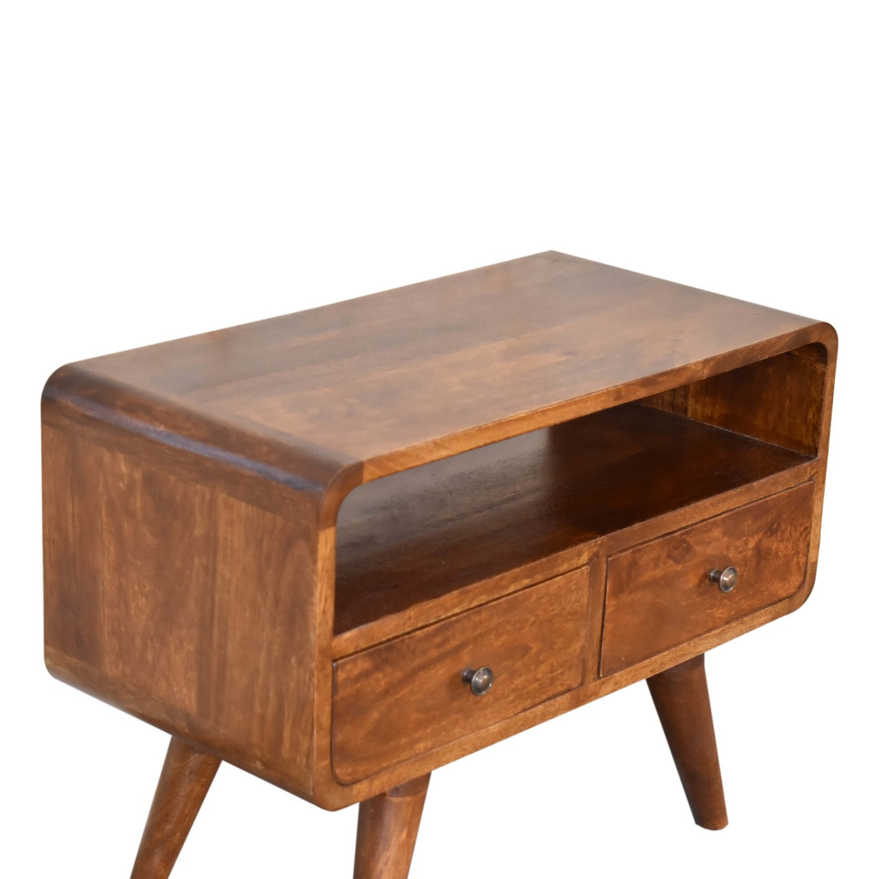Mini Curved Media Unit | 2 Drawers | Chestnut Finish | Solid Wood