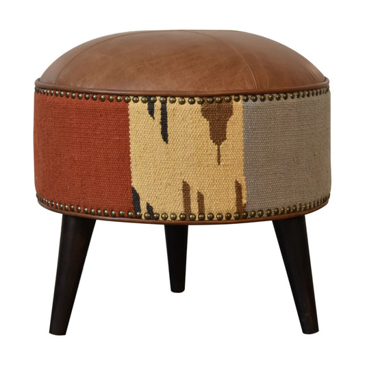 Durrie &amp; Leather Mixed Footstool Walnut Finish | Made to Order