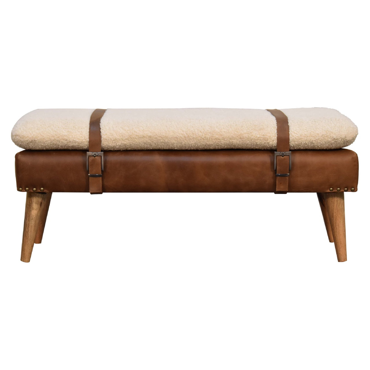Bouclé Buffalo Hide Leather Bench Unique Belted Design
