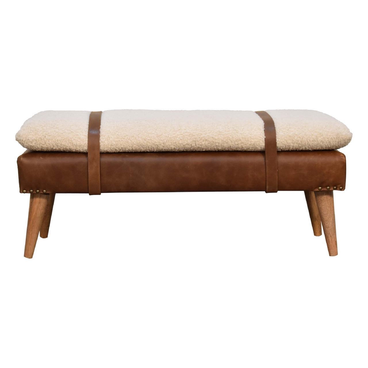 Bouclé Buffalo Hide Leather Bench Unique Belted Design