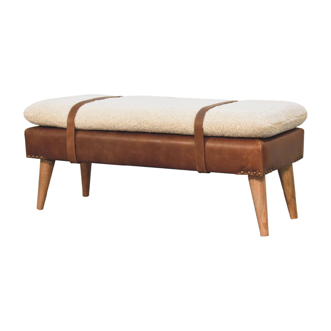 Bouclé Buffalo Hide Leather Bench Unique Belted Design