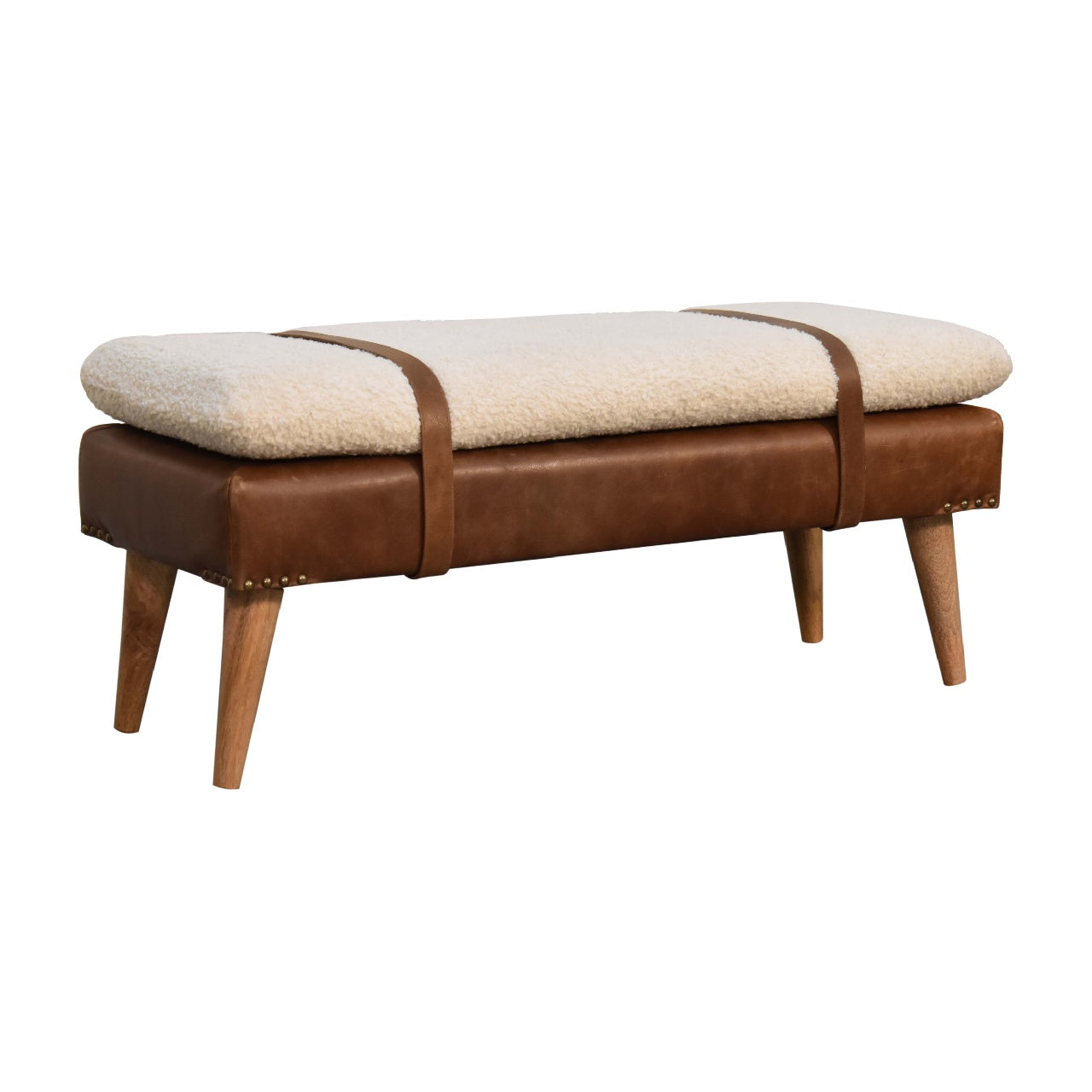 Bouclé Buffalo Hide Leather Bench Unique Belted Design