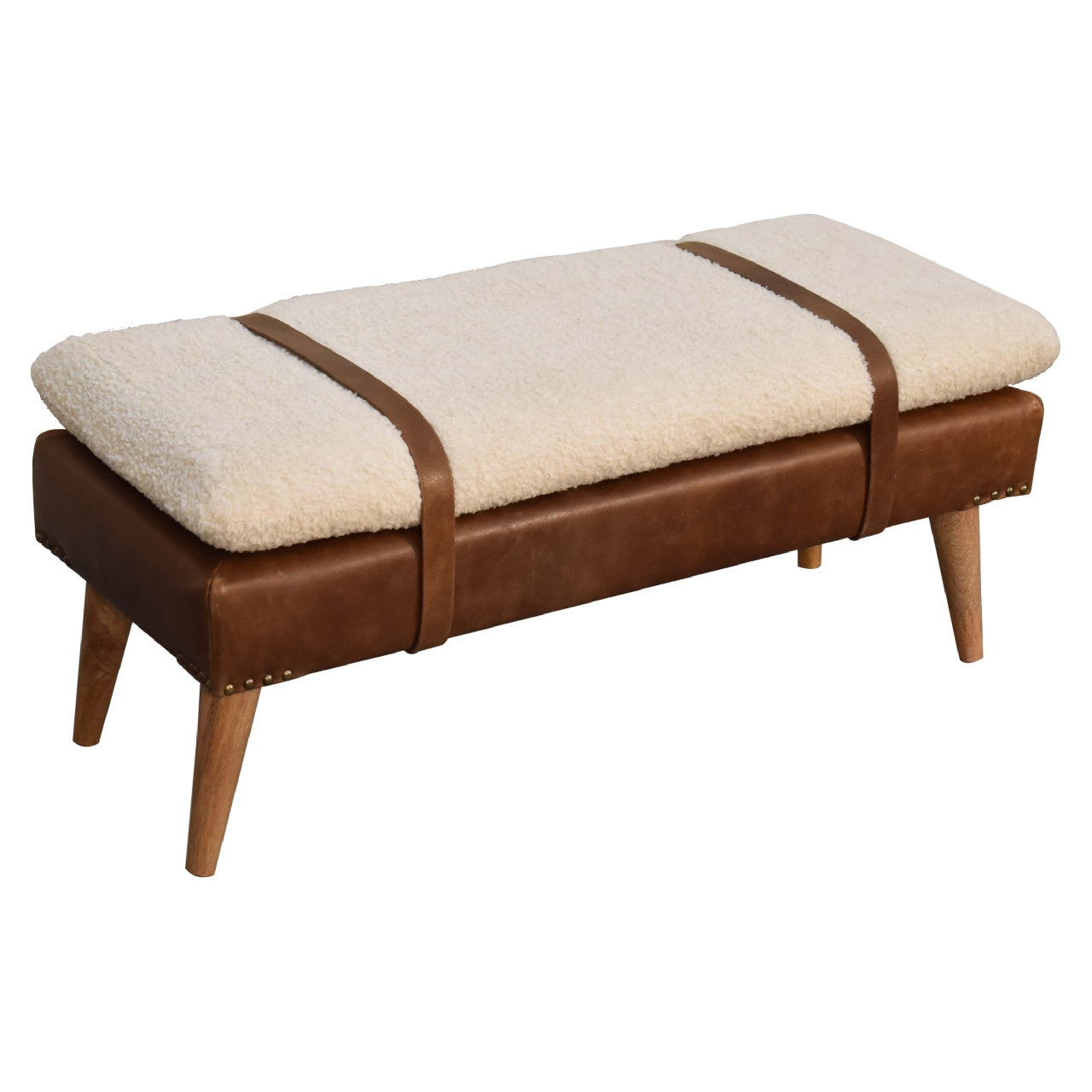 Bouclé Buffalo Hide Leather Bench Unique Belted Design