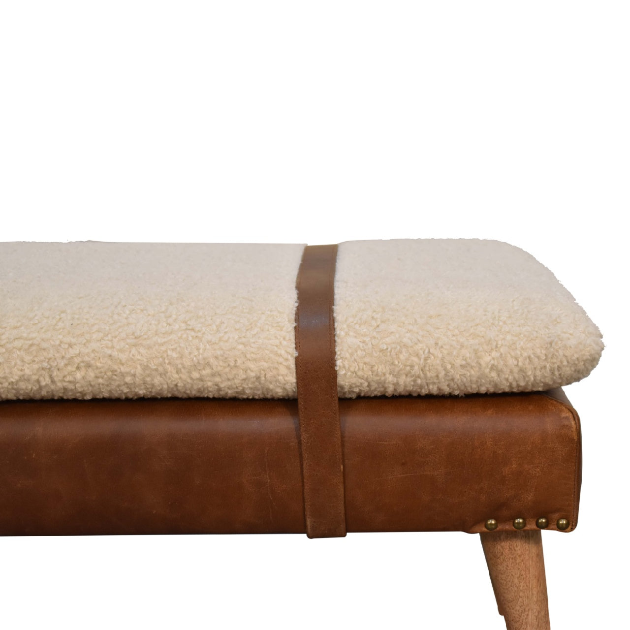 Bouclé Buffalo Hide Leather Bench Unique Belted Design