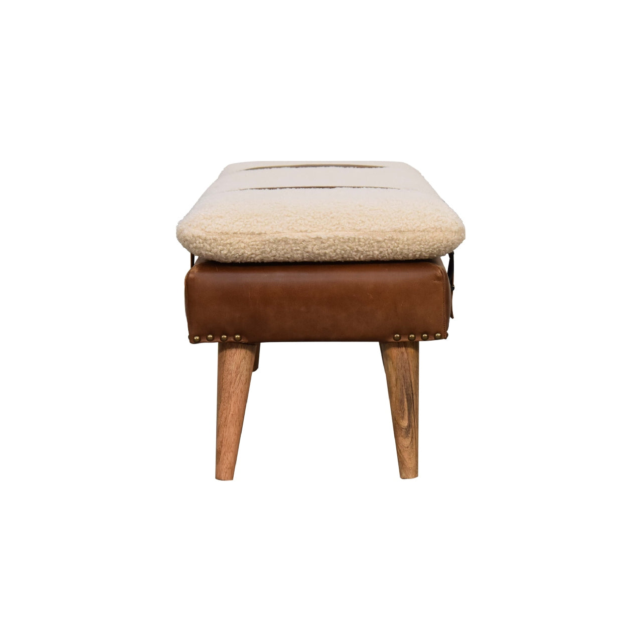 Bouclé Buffalo Hide Leather Bench Unique Belted Design