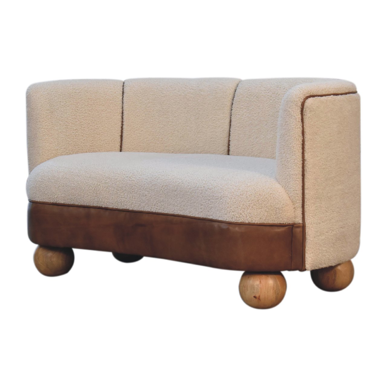 Bouclé and Buffalo Leather Curved Sofa | Handwoven Cotton and Solid Mango Wood
