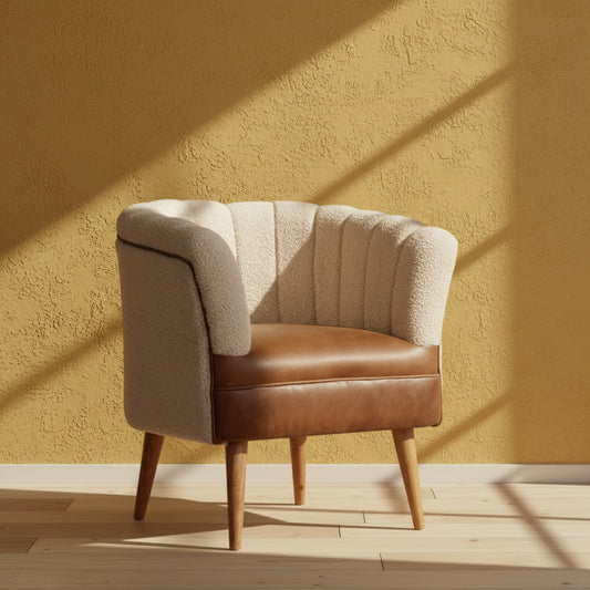 Boucle Cotton & Buffalo Leather Armchair | Handwoven | Handcrafted