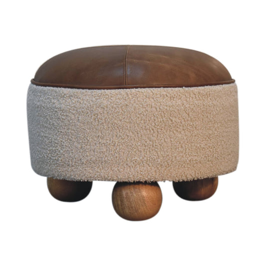 Footstool Cream Boucle Buffalo Leather Sustainable Wood Oak-ish Finish