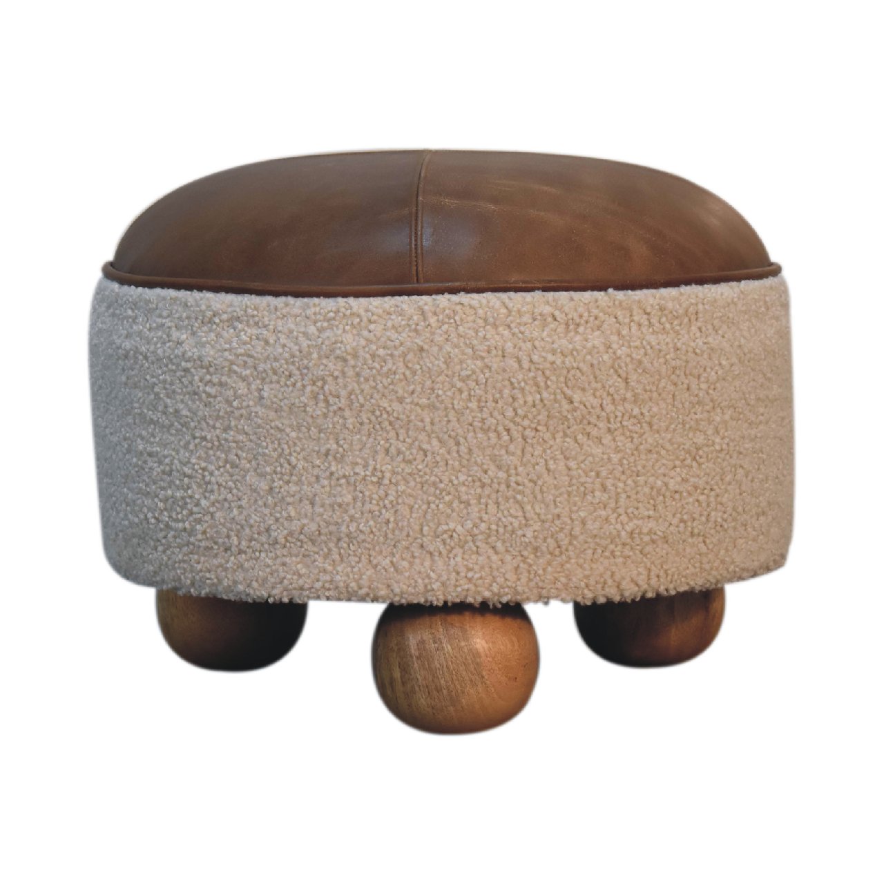 Footstool Cream Boucle Buffalo Leather Sustainable Wood Oak-ish Finish