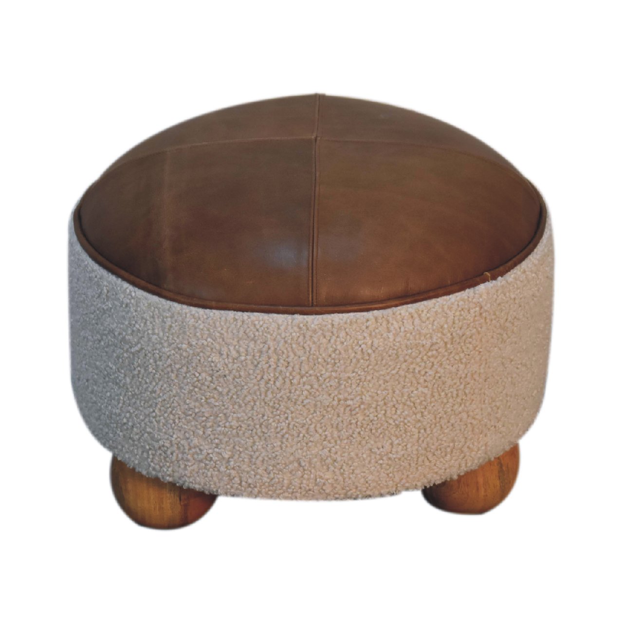 Footstool Cream Boucle Buffalo Leather Sustainable Wood Oak-ish Finish