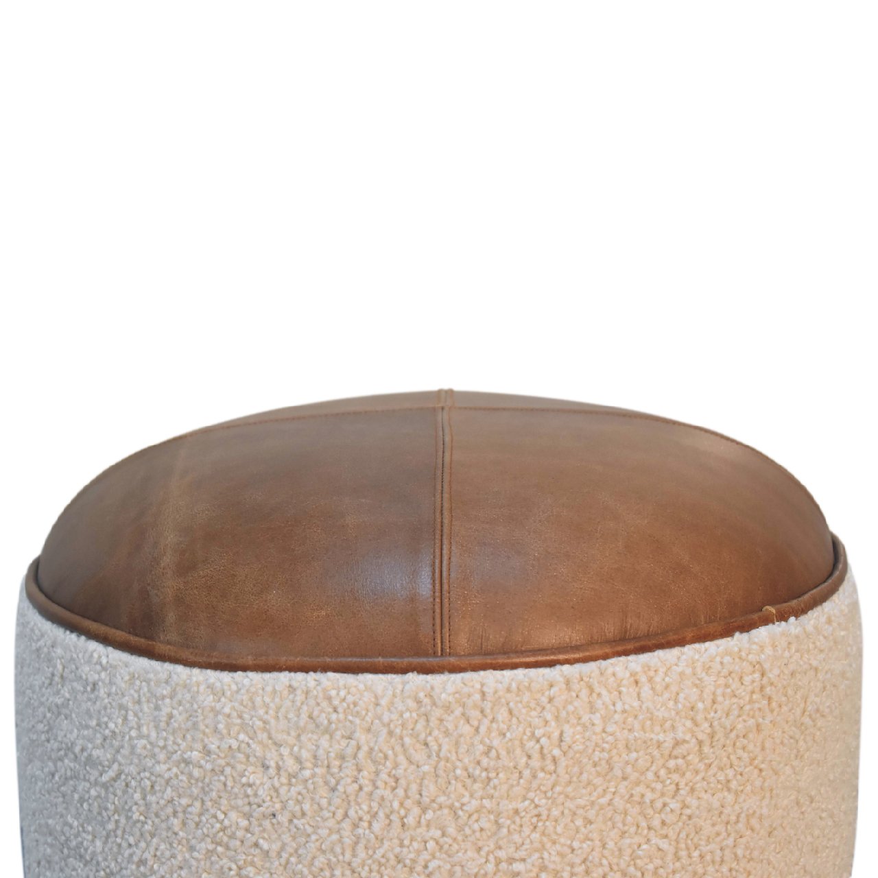 Footstool Cream Boucle Buffalo Leather Sustainable Wood Oak-ish Finish