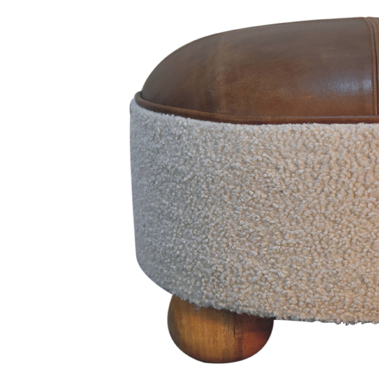 Footstool Cream Boucle Buffalo Leather Sustainable Wood Oak-ish Finish