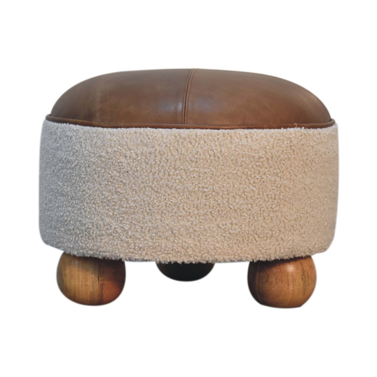 Footstool Cream Boucle Buffalo Leather Sustainable Wood Oak-ish Finish