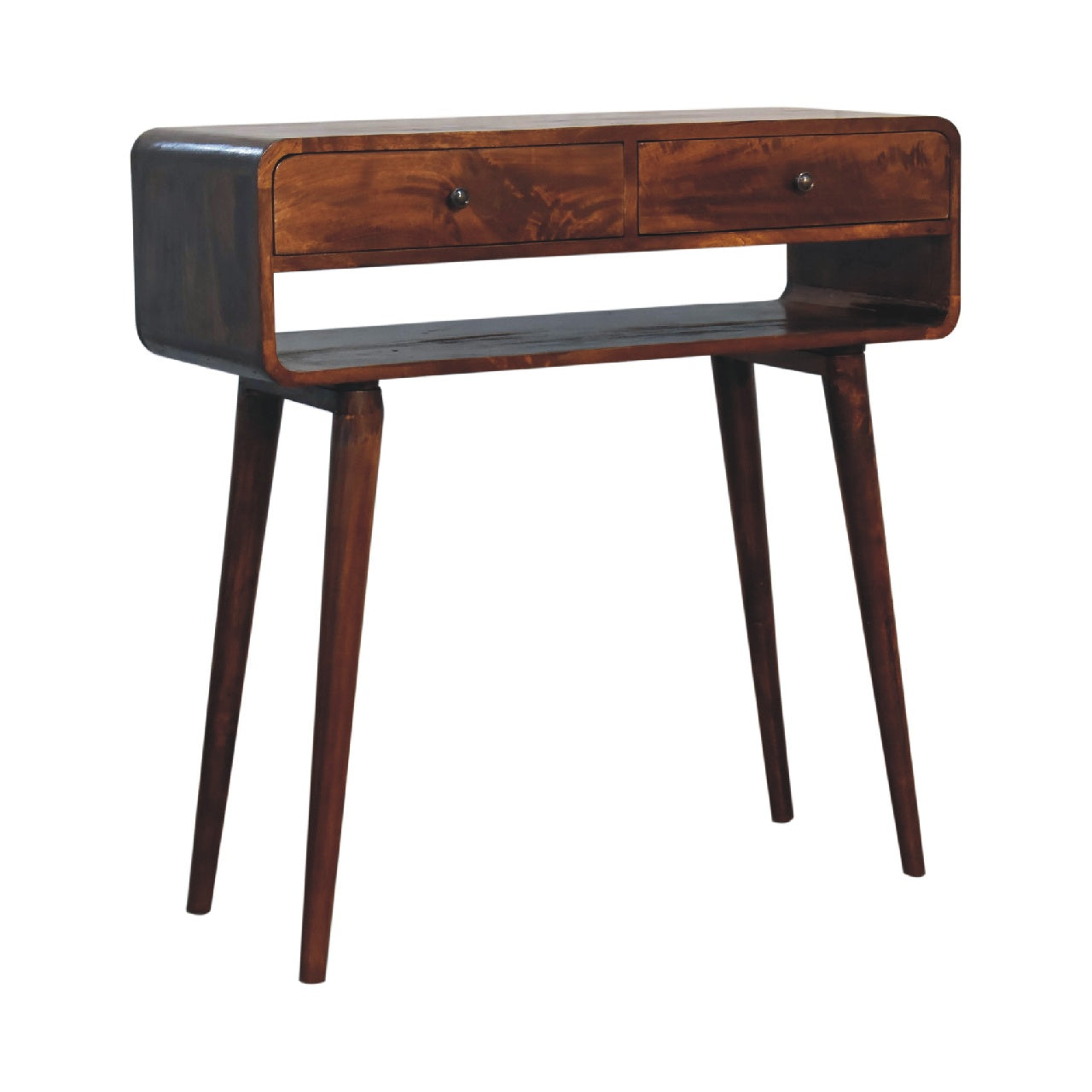 Sonata  Console Table Curved Edges Chestnut Finish Sustainable Solid Wood Nordic Style