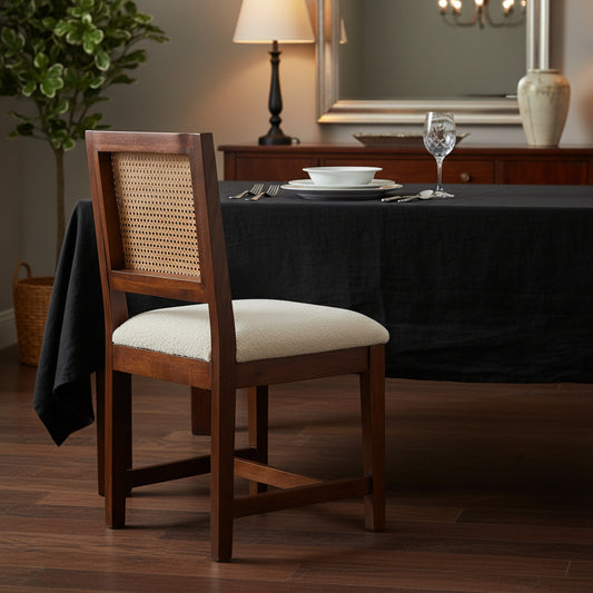 Cream Bouclé and Rattan Dining Chair with Solid Mango Wood Frame