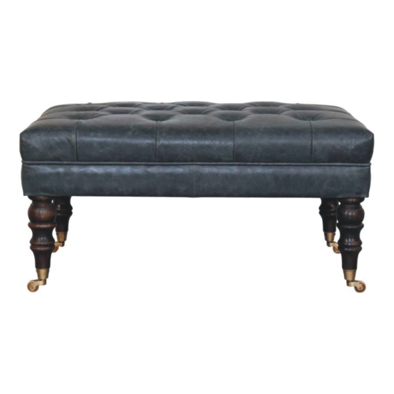 Ottoman Sturdy Buffalo Leather Teal Castor Legs Hand-Tufted Handmade