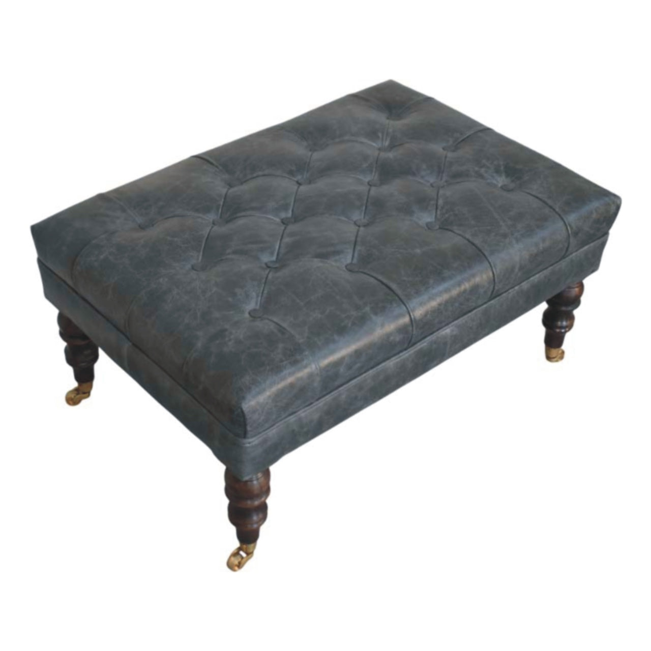 Ottoman Sturdy Buffalo Leather Teal Castor Legs Hand-Tufted Handmade