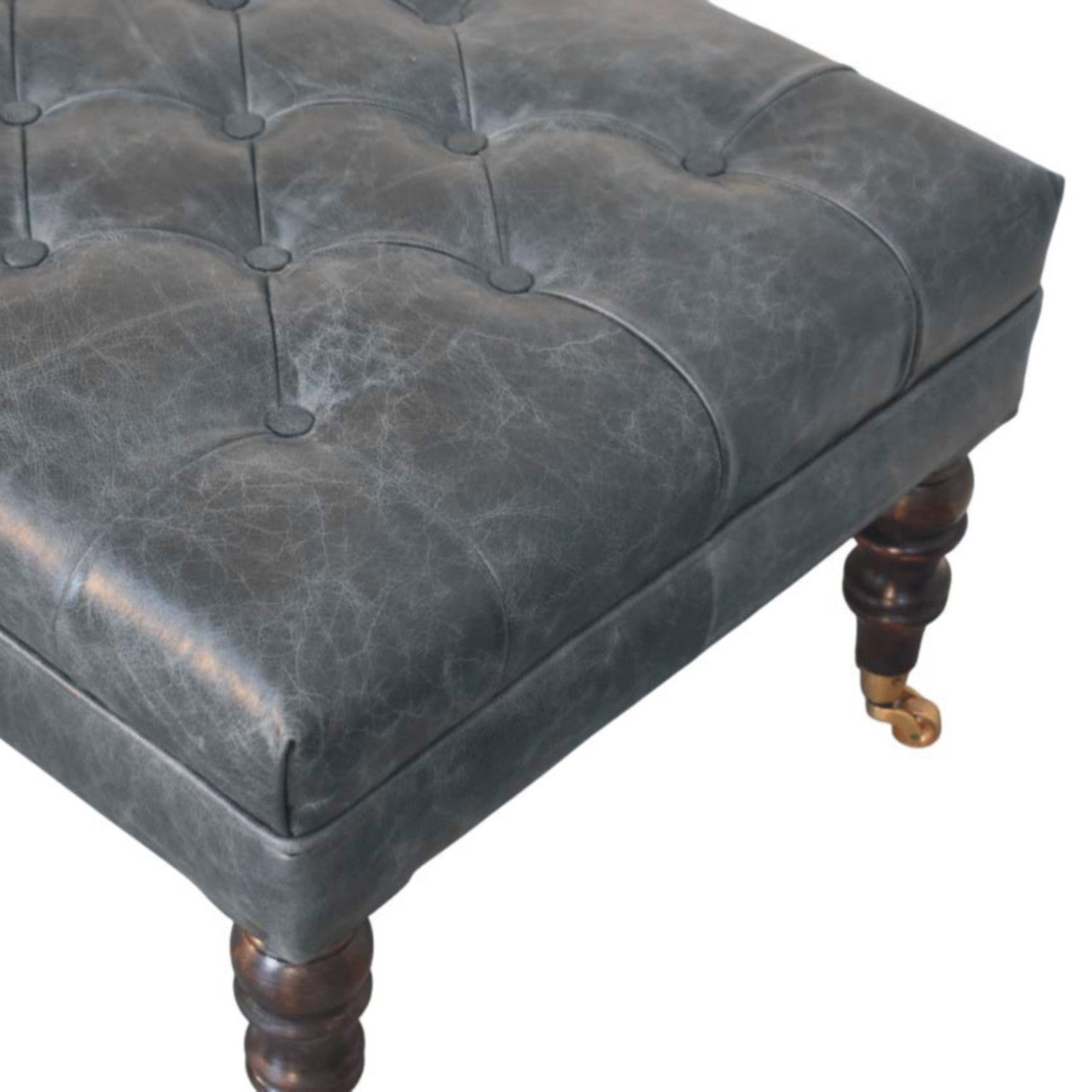 Ottoman Sturdy Buffalo Leather Teal Castor Legs Hand-Tufted Handmade