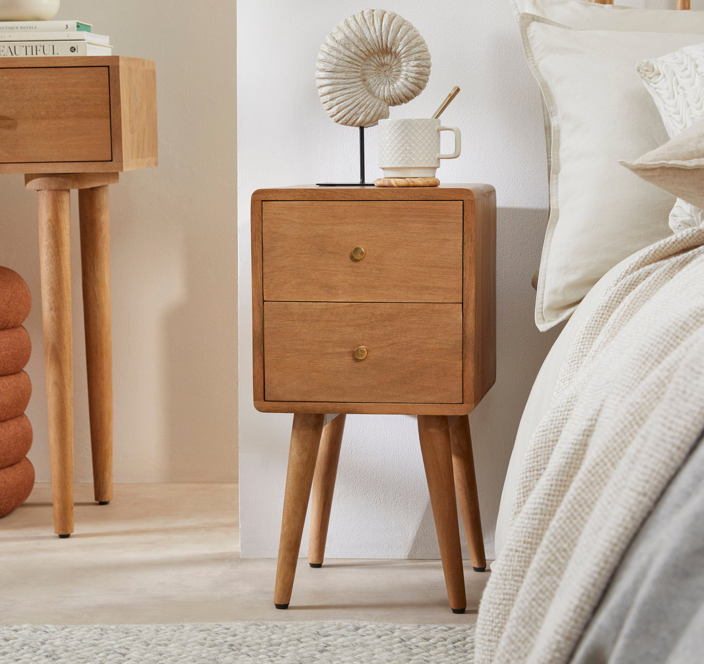 Logan Scandinavian Light Walnut Narrow Bedside Table Night Stand | Small Space