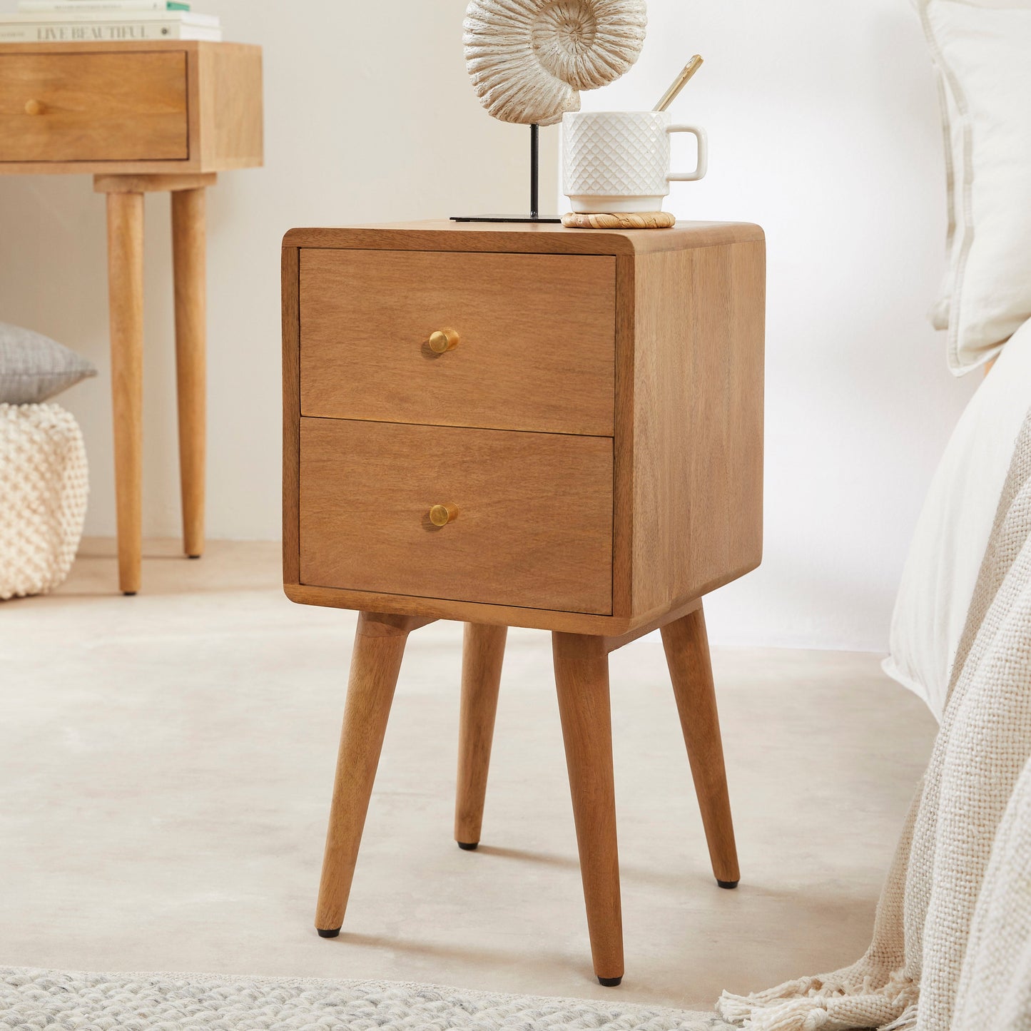 Logan Scandinavian Light Walnut Narrow Bedside Table Night Stand | Small Space