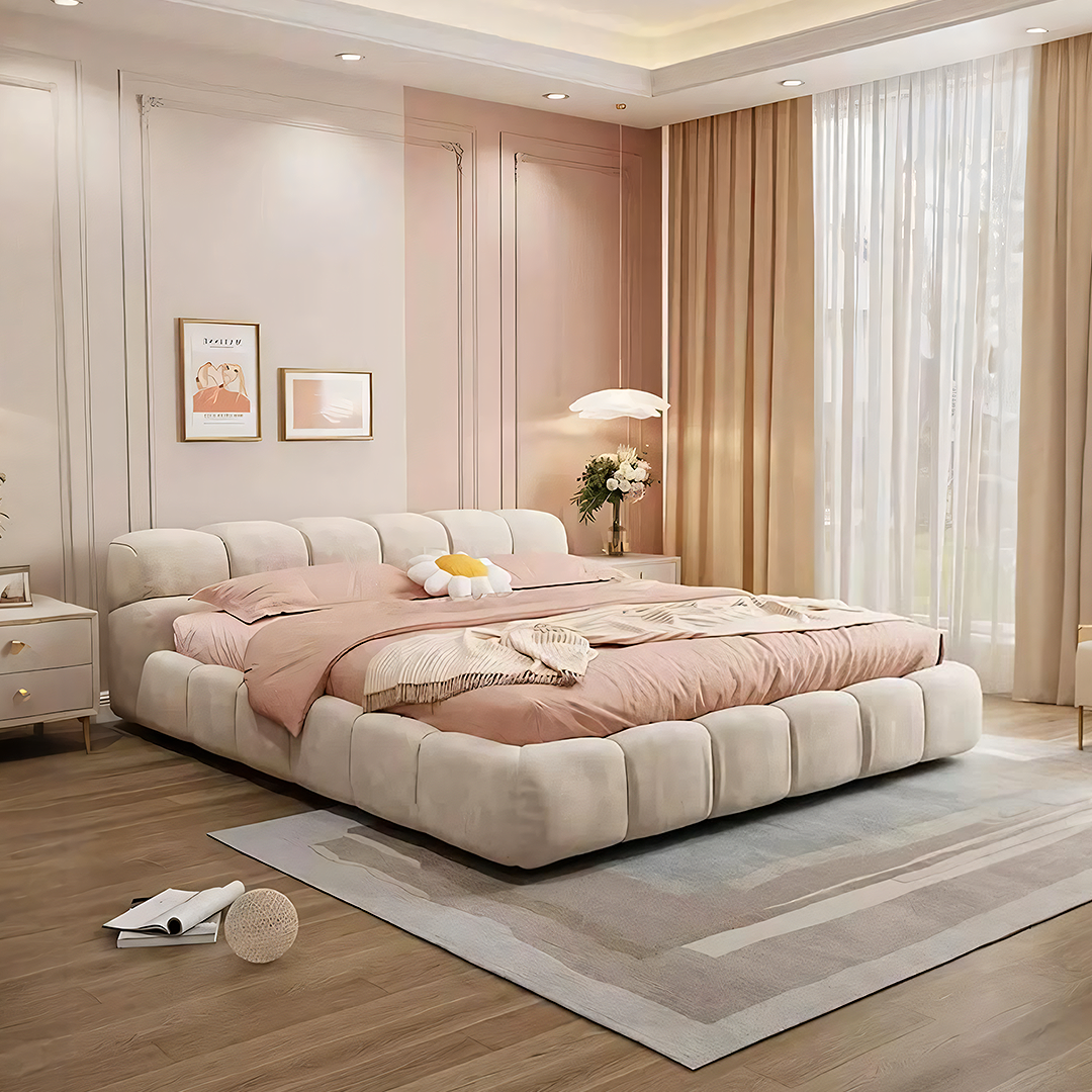 Mamie King Size Bed in Cream Velvet with Gas Lift Storage