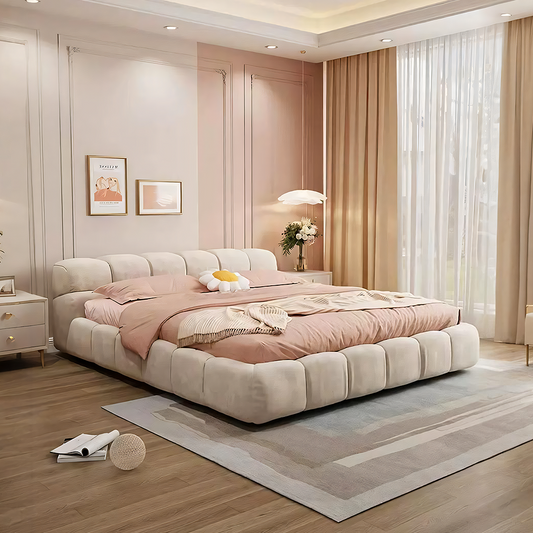 Mamie King Size Bed in Cream Velvet with Gas Lift Storage
