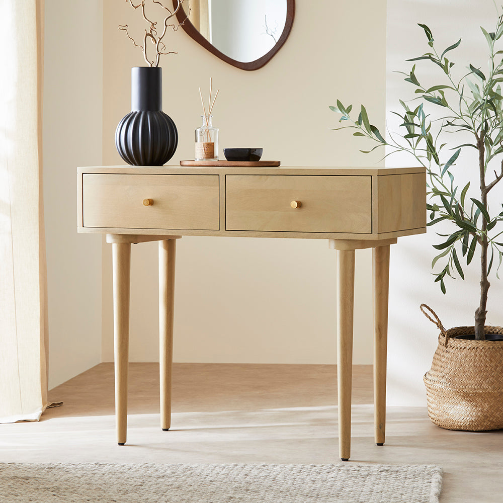 Wooden console table with two drawers in a room with a plant and mirror. Extraordinary Emporium Eco friendly furniture, hand crafted furniture, solid wood, hard wood furniture 