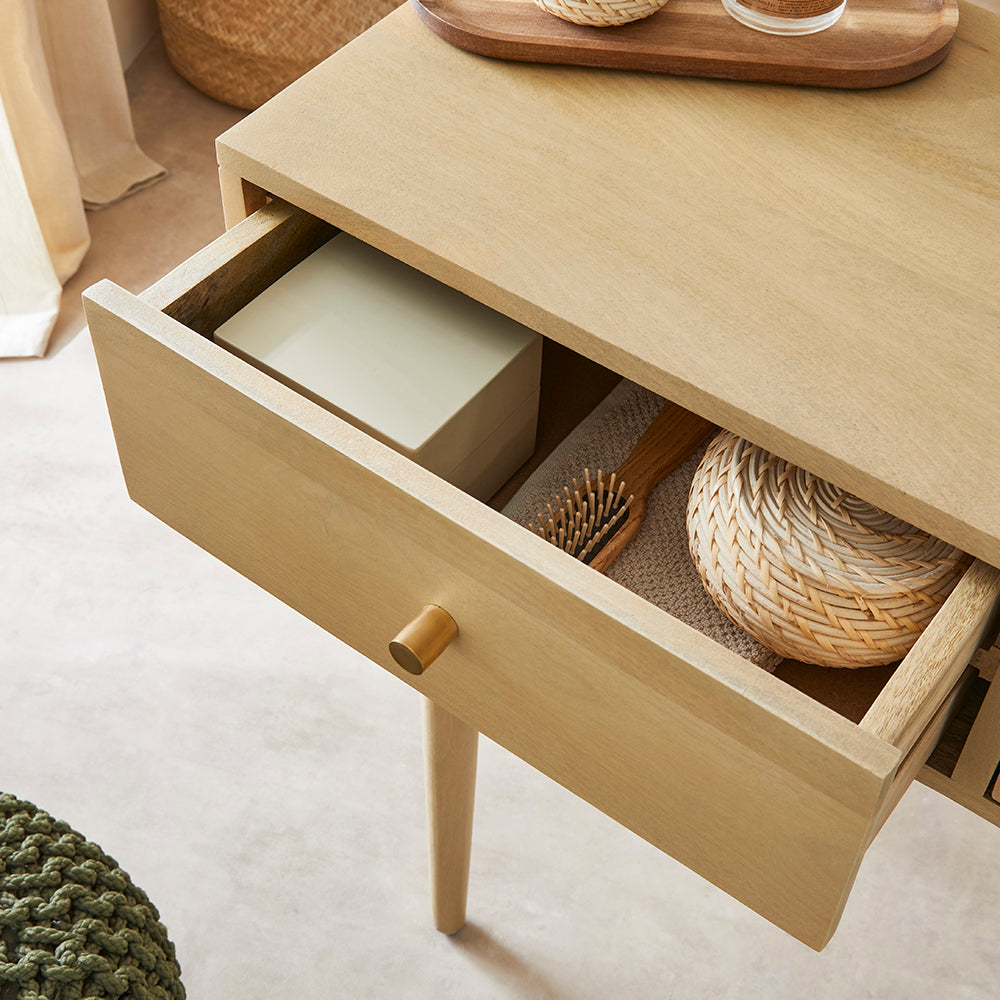 Wooden side table with open drawer containing decorative items Extraordinary Emporium Eco friendly furniture, hand crafted furniture, solid wood, hard wood furniture 