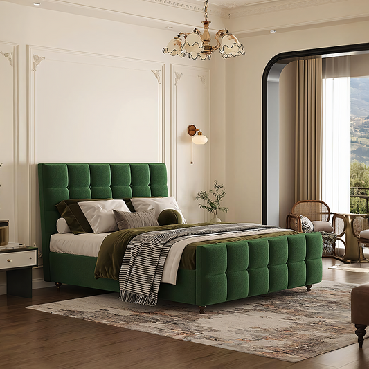 Thessaly Modern Double Bed in Dark Green Flannelette