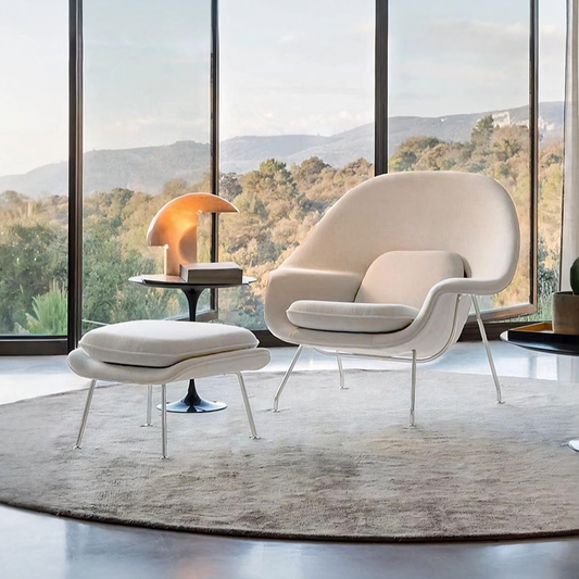 Womb Lounge Chair and Footstool in Velvet or Linen